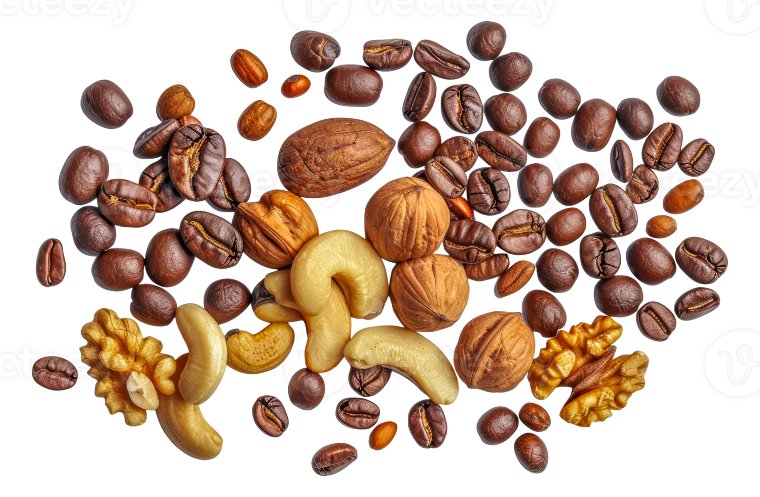 A variety of nuts and coffee beans are scattered - stock .. png