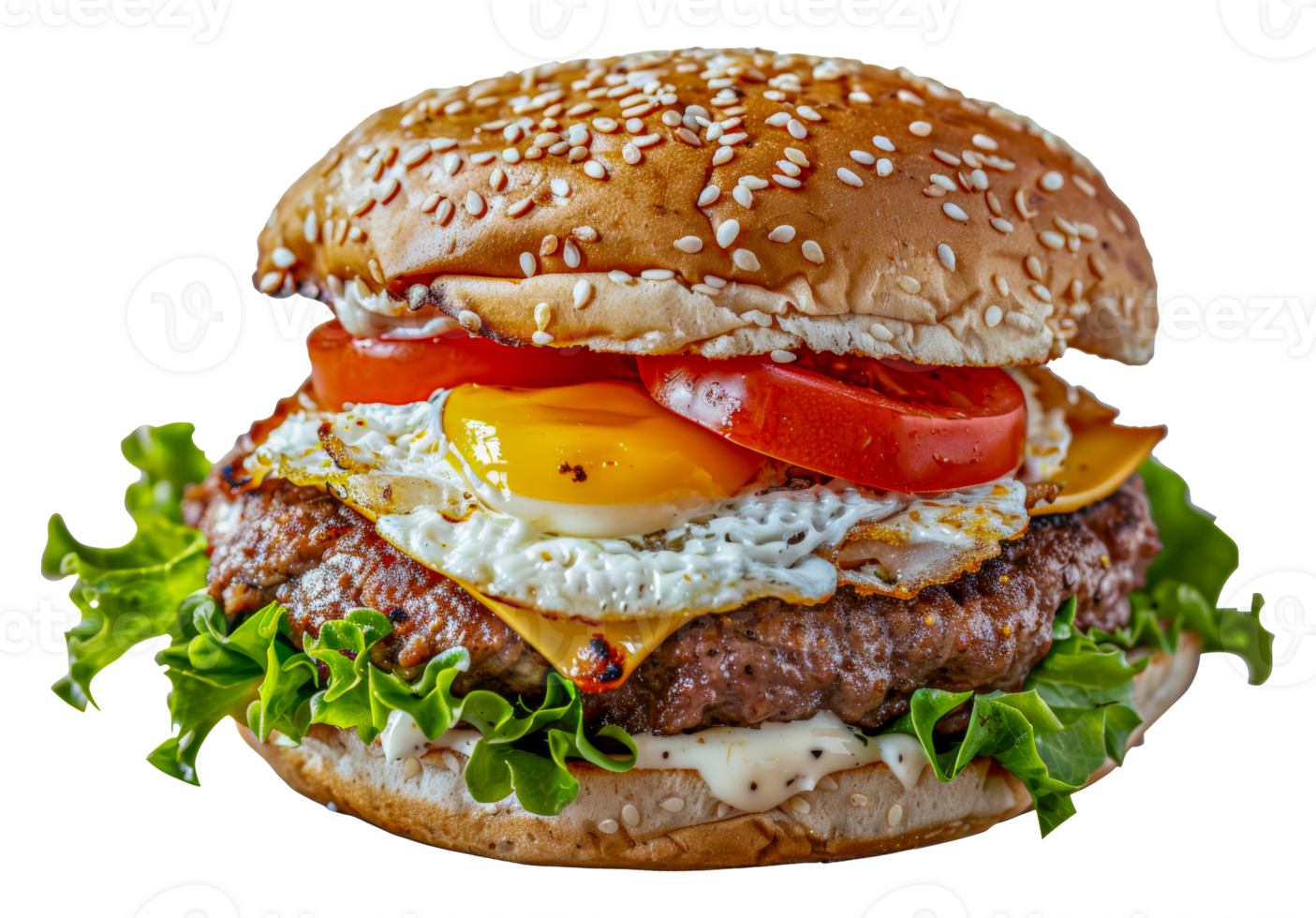 A hamburger with a fried egg and tomatoes on top - stock .. png
