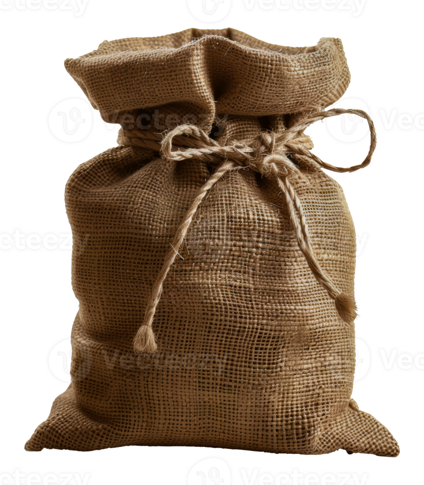 Closed burlap sack tied with a jute rope, cut out - stock .. png