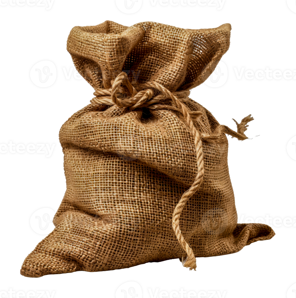 Closed burlap sack tied with a jute rope, cut out - stock .. png