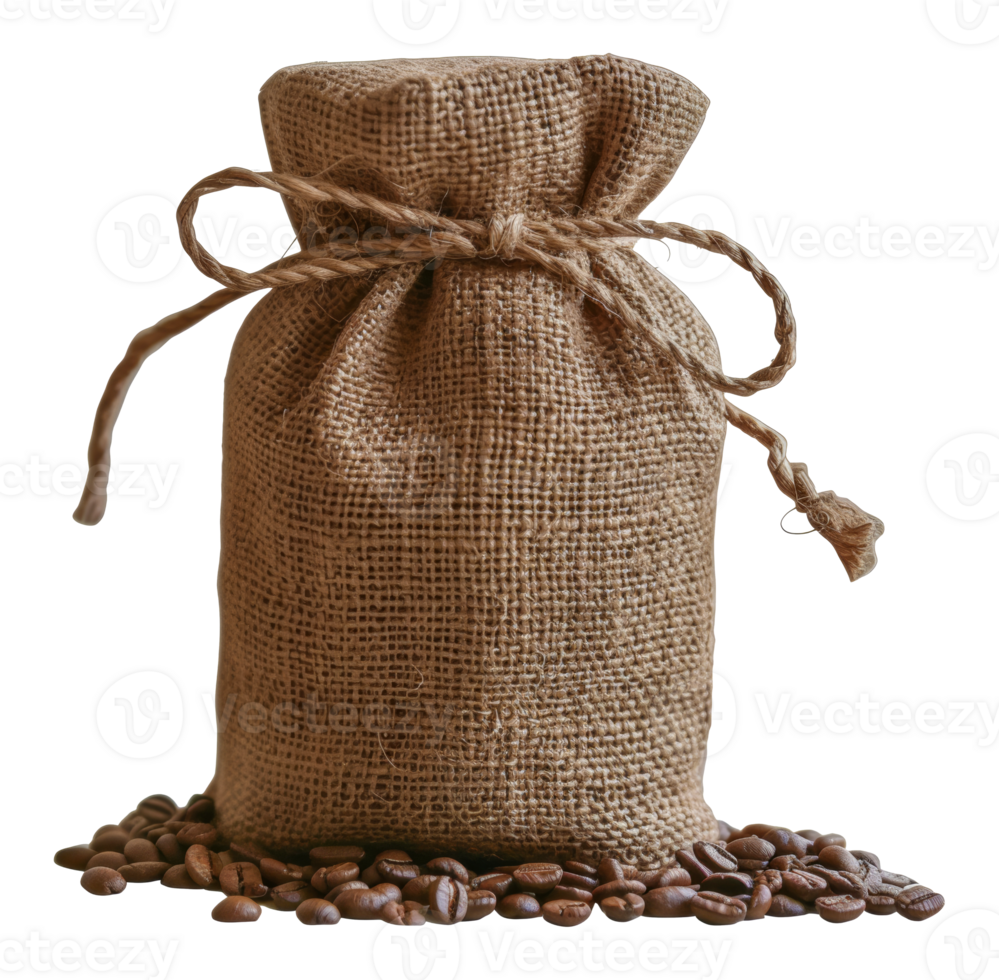 Burlap sack filled with roasted coffee beans, cut out - stock .. png