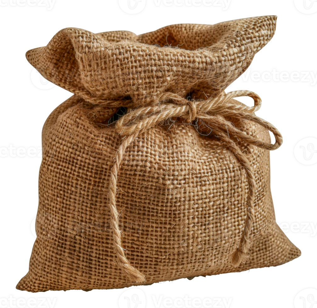 Closed burlap sack tied with a jute rope, cut out - stock .. png
