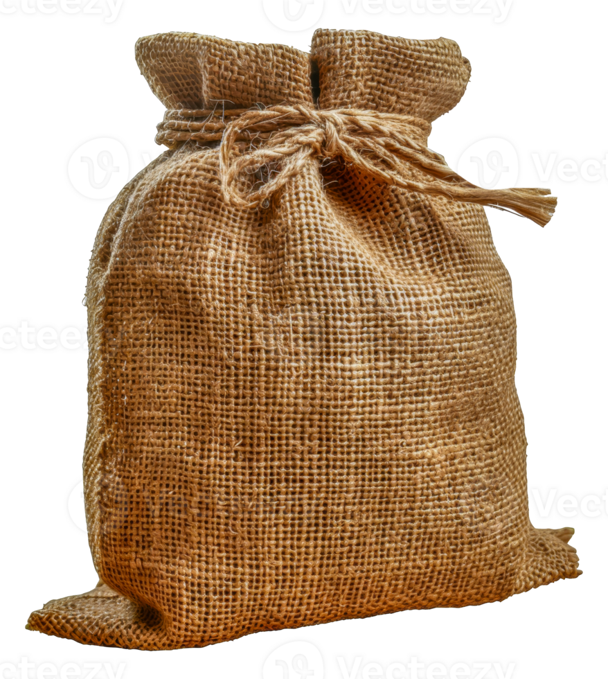 Closed burlap sack tied with a jute rope, cut out - stock .. png