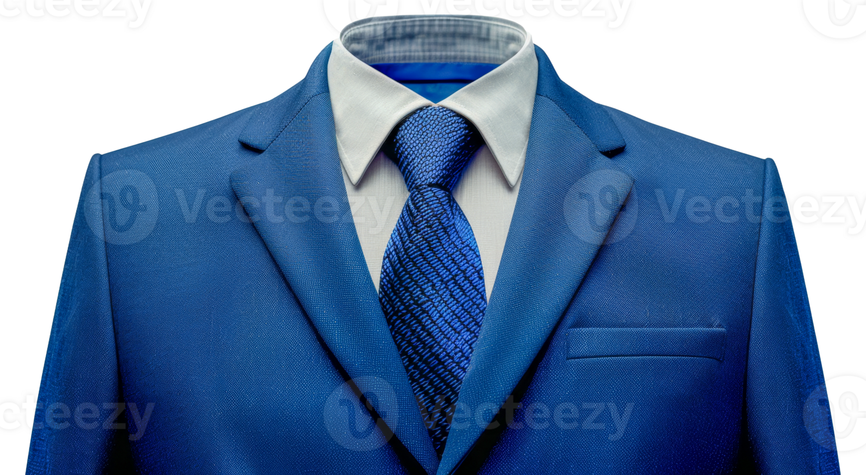 A man's blue suit jacket and tie are shown in a close up - stock .. png