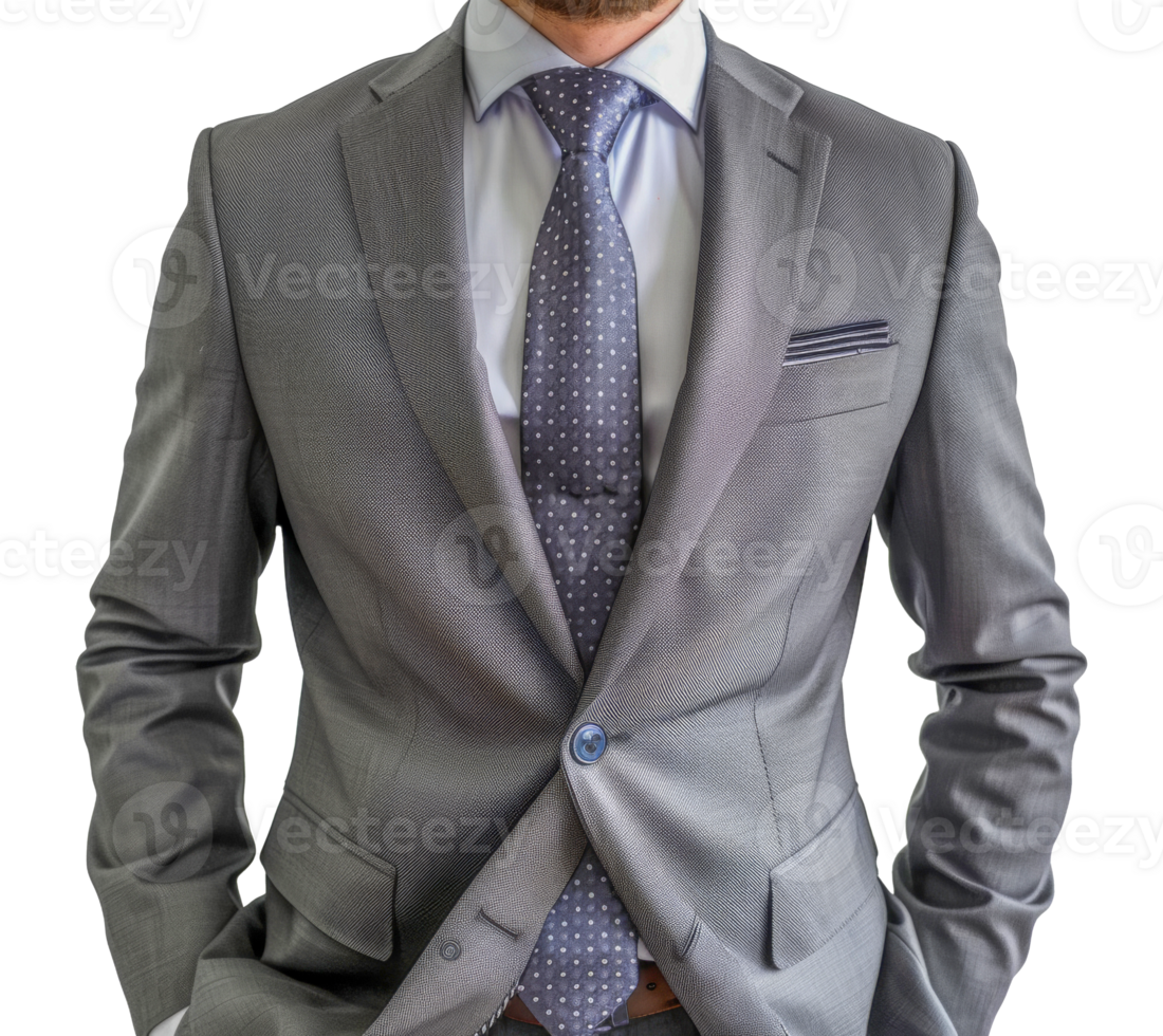 A man in a gray suit and blue shirt is wearing a tie with white dots - stock .. png