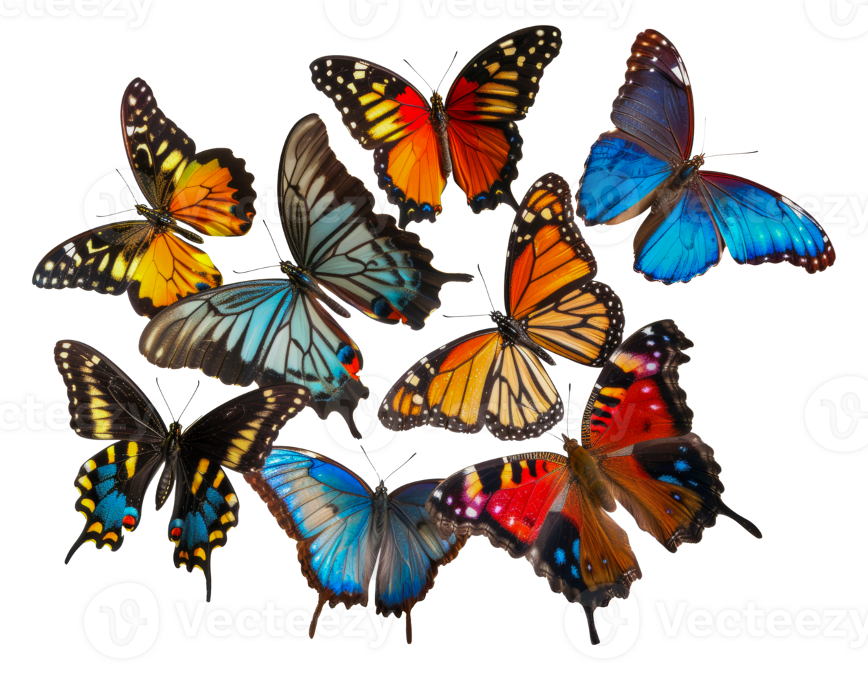 A collection of colorful butterflies are arranged in a row - stock .. png