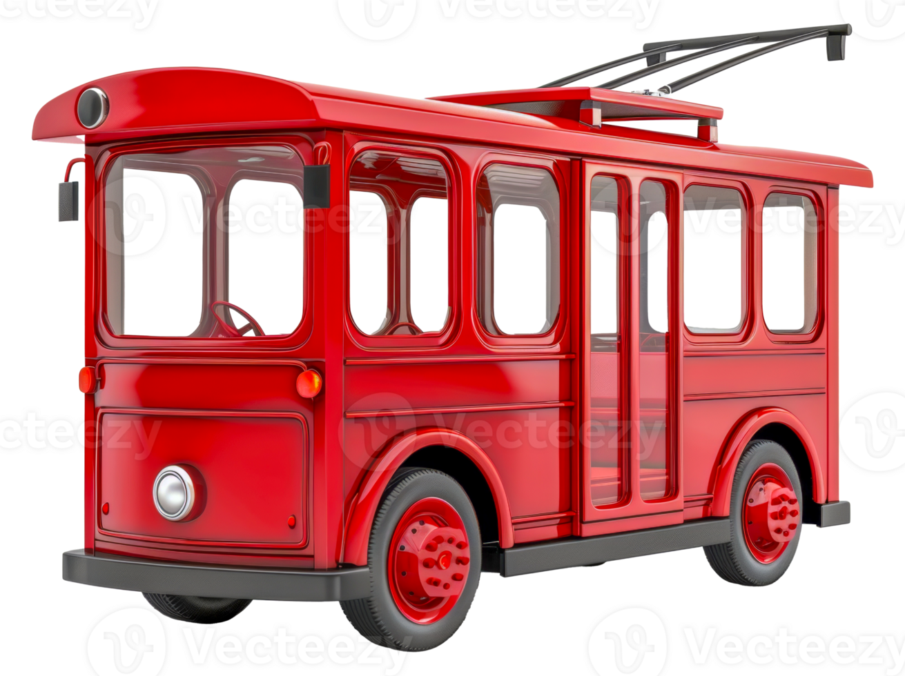 A red trolley bus with a black wheel - stock .. png