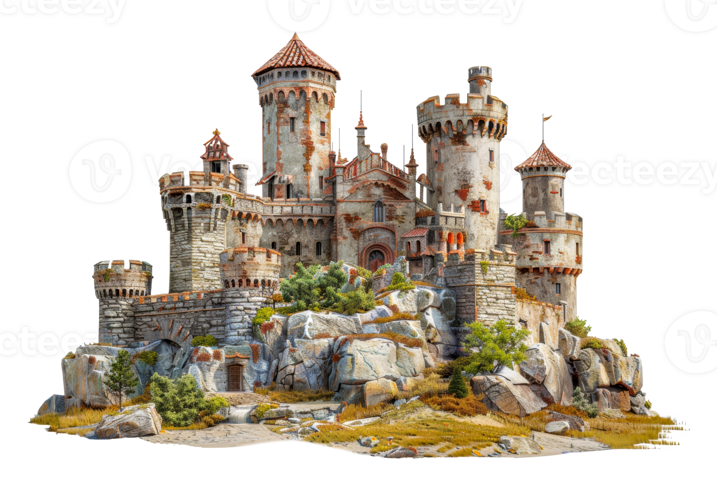 Majestic medieval castle on cliff with lush greenery, cut out - stock .. png