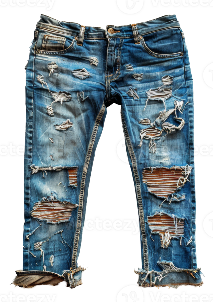 Distressed denim jeans with detailed rips and frays on transparent background - stock .. png