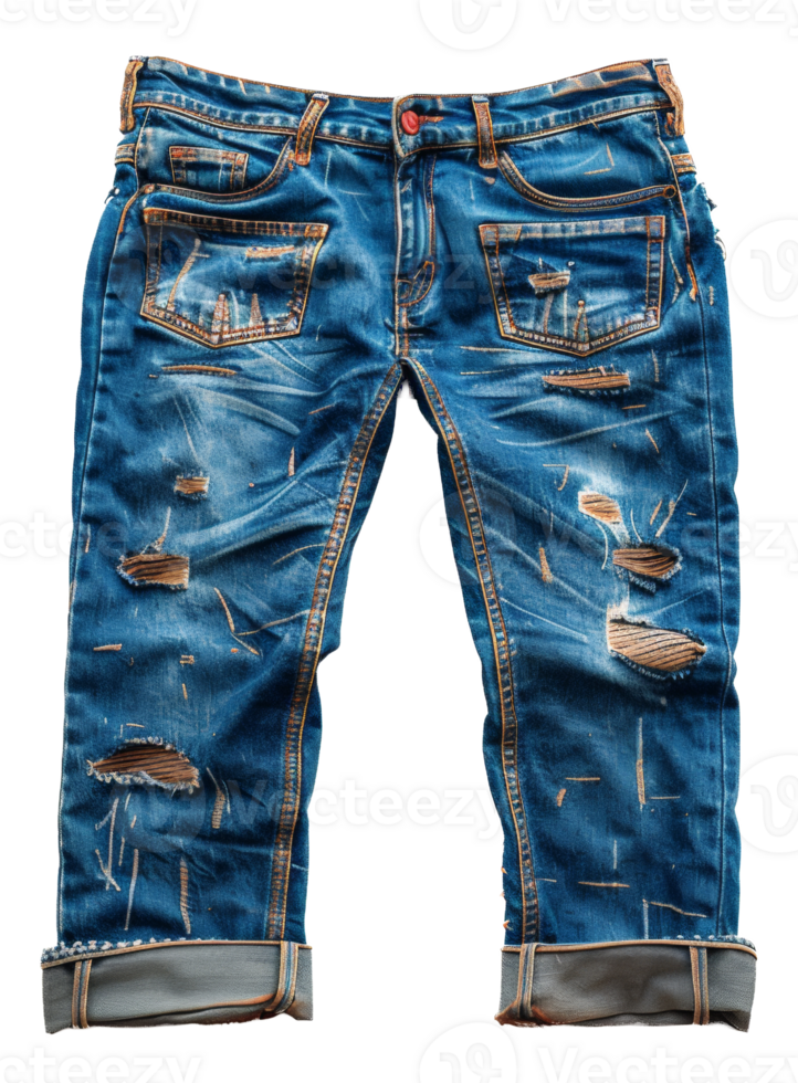 Ripped and distressed blue denim jeans on transparent background - stock .. png