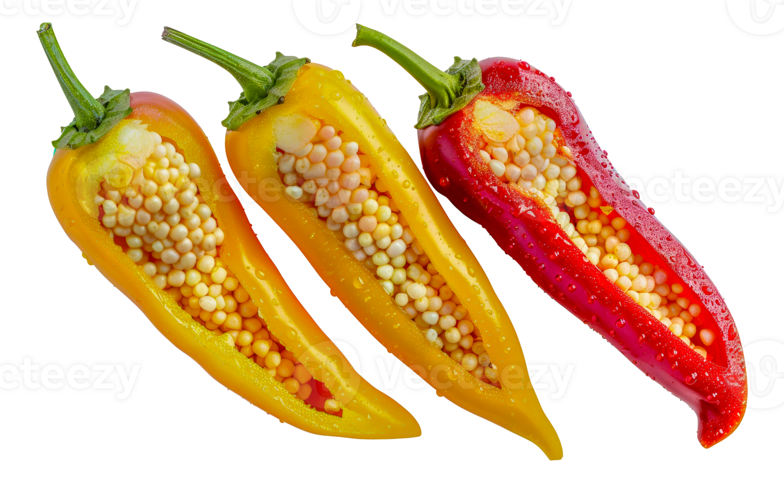 Three peppers are shown, one of which is cut open - stock .. png