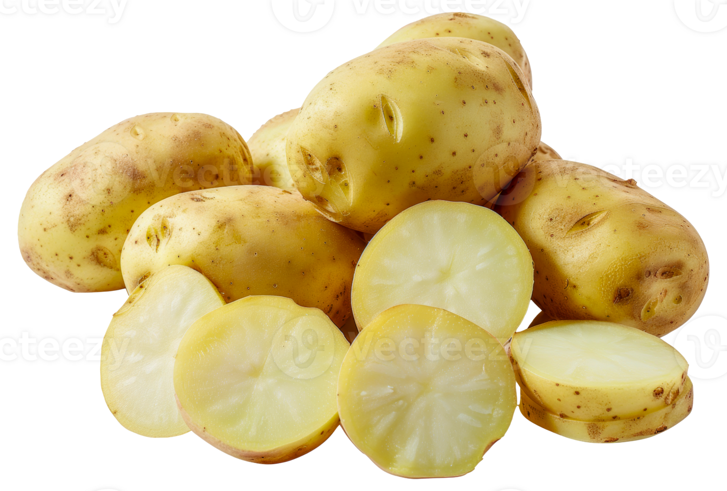 A pile of potatoes with one of them cut in half - stock .. png