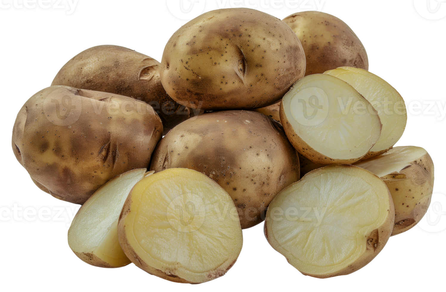 A pile of potatoes with some of them cut in half - stock .. png