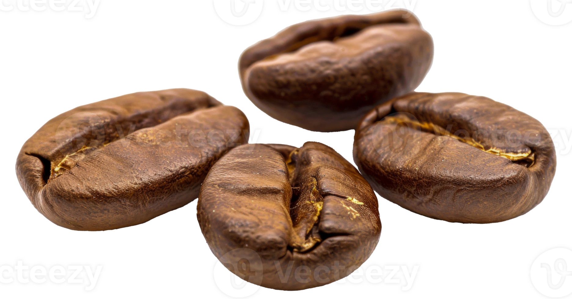 Four coffee beans are shown in a close up - stock . png