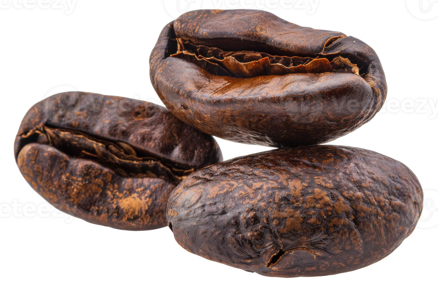 Three coffee beans are shown in a row, with the middle one being the largest - stock .. png