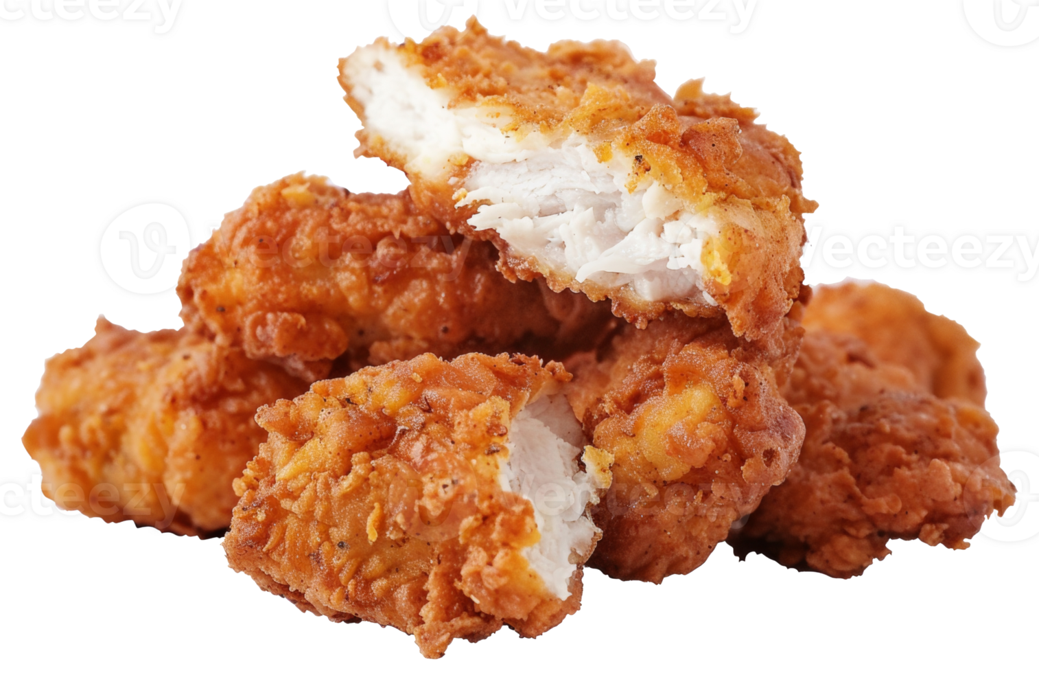 A stack of fried chicken pieces with one piece missing - stock .. png