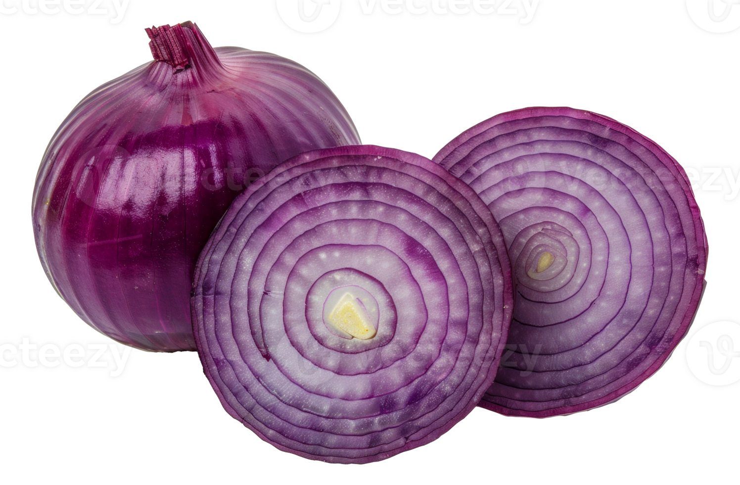 A close up of a purple onion with a slice missing - stock .. png