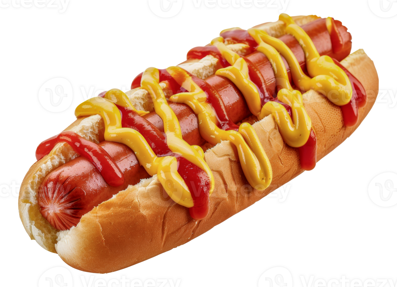 A hot dog with mustard and ketchup on a bun - stock .. png