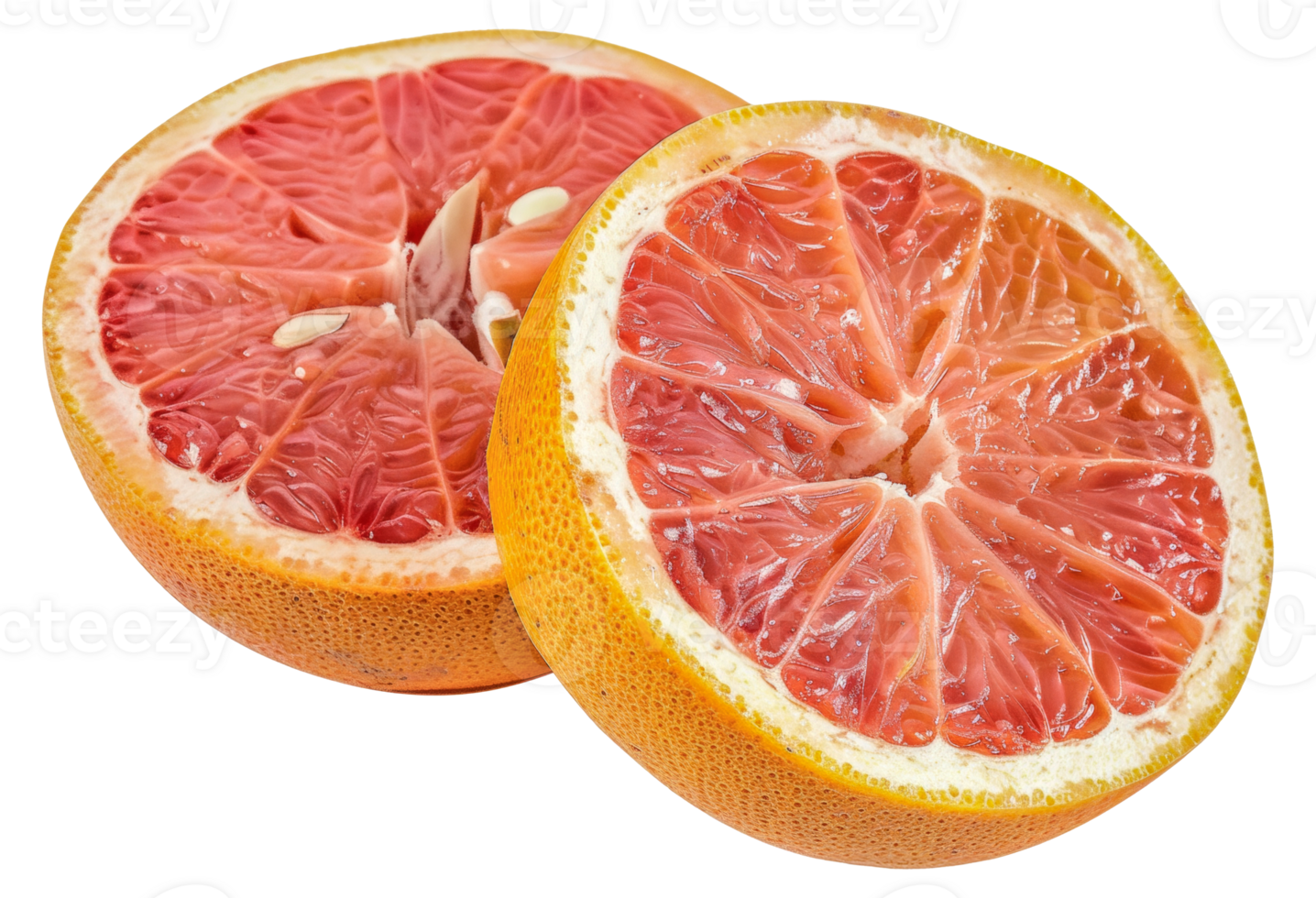 Two slices of a grapefruit are shown, one of which is cut in half - stock .. png