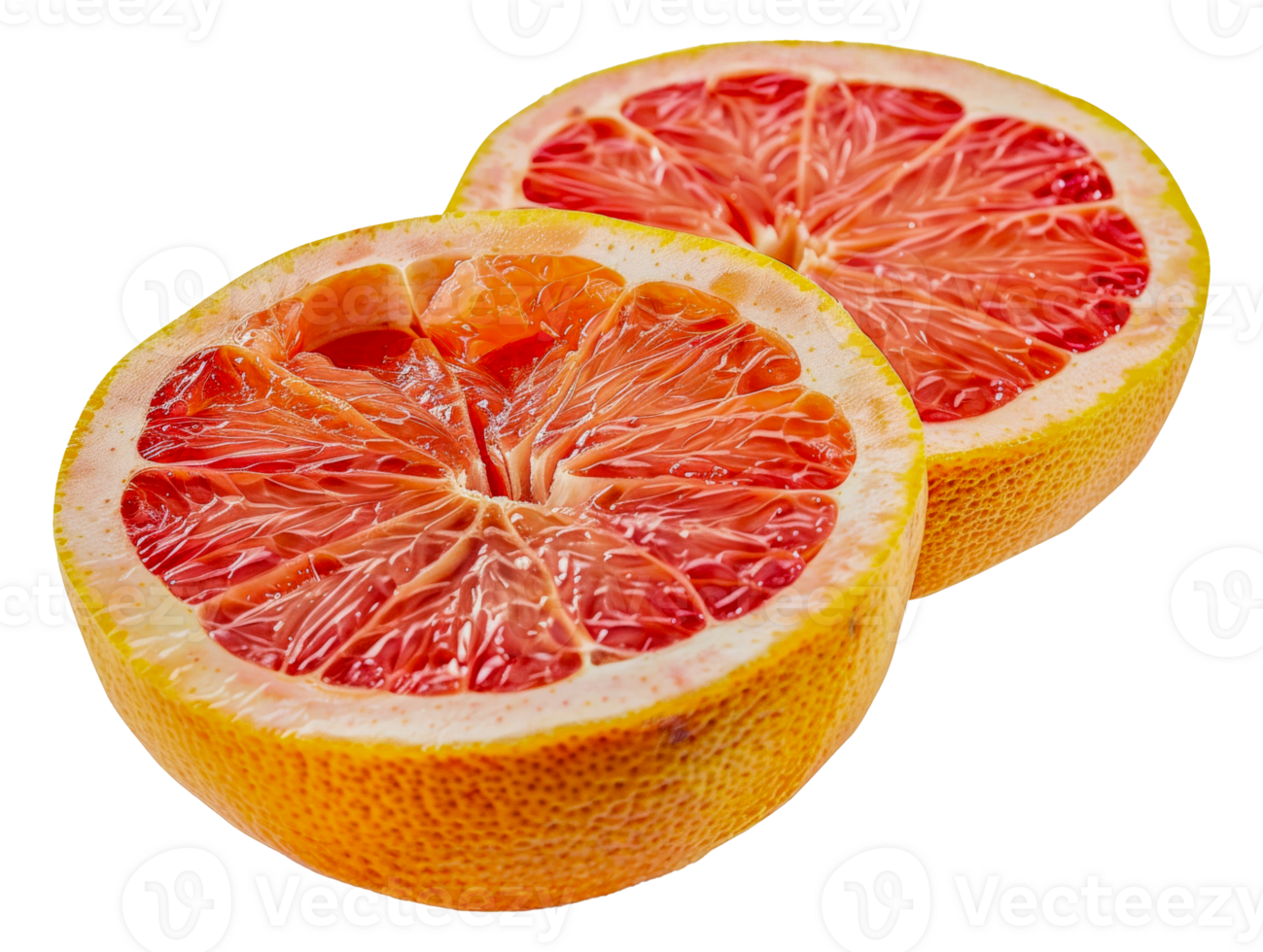 Two slices of grapefruit are shown, one of which is cut in half - stock . png