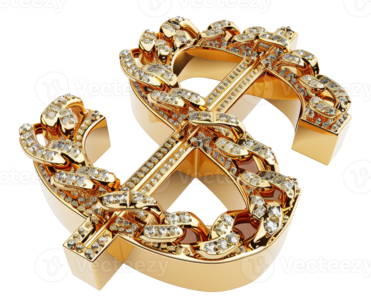 A gold dollar with a chain around it - stock .. png
