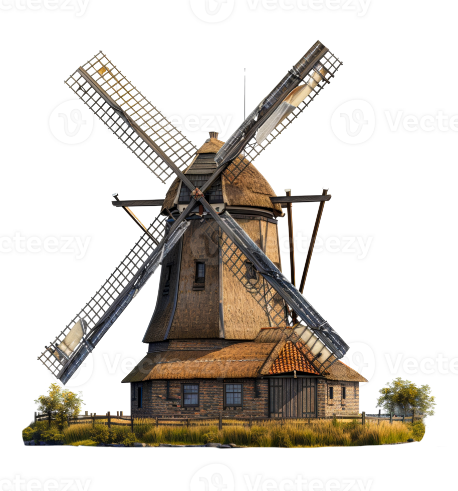 Traditional windmill with stone base, cut out - stock .. png