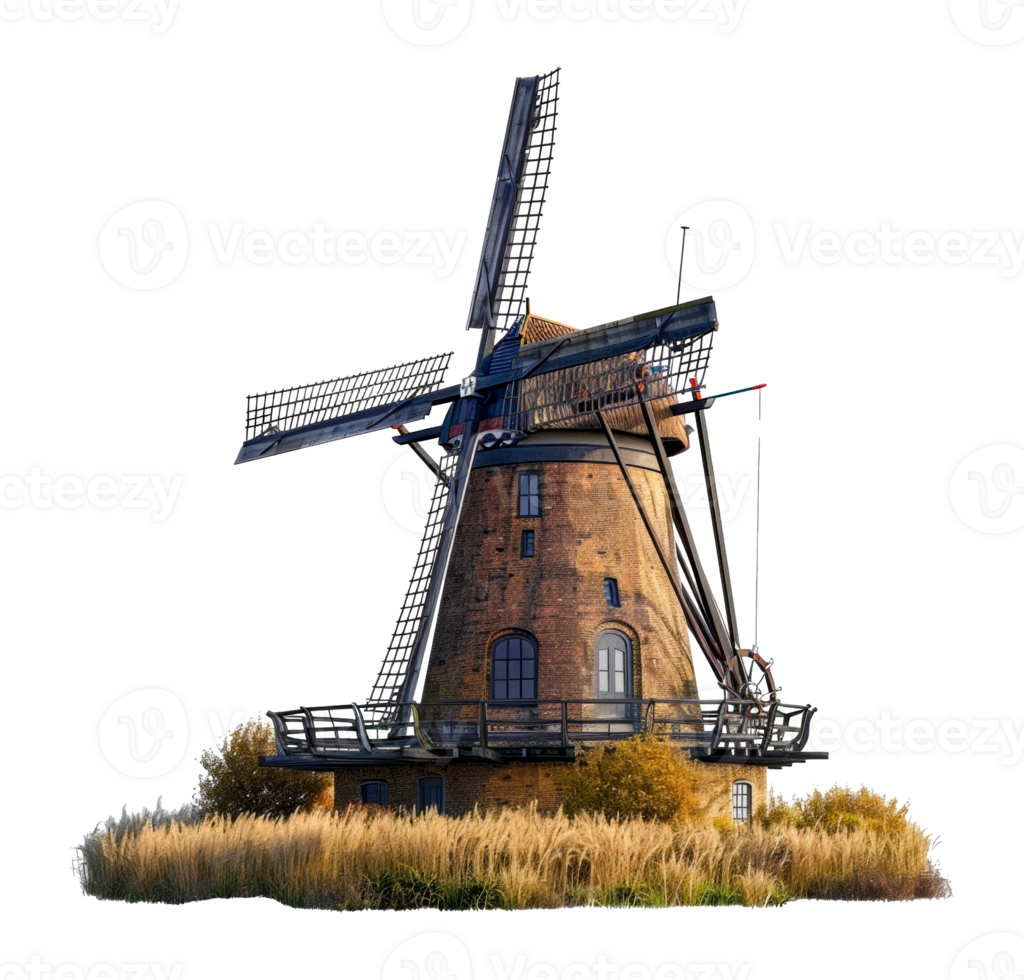 Traditional windmill with stone base, cut out - stock .. png