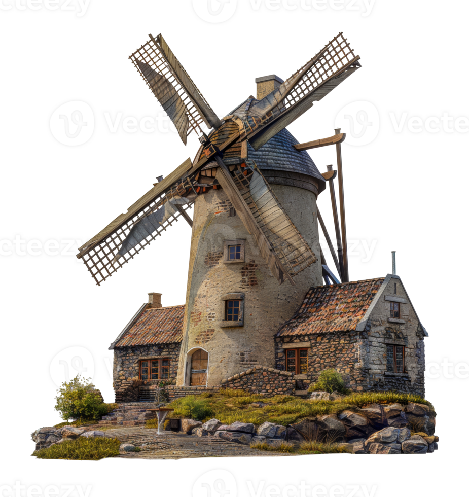 Traditional windmill with stone base, cut out - stock .. png