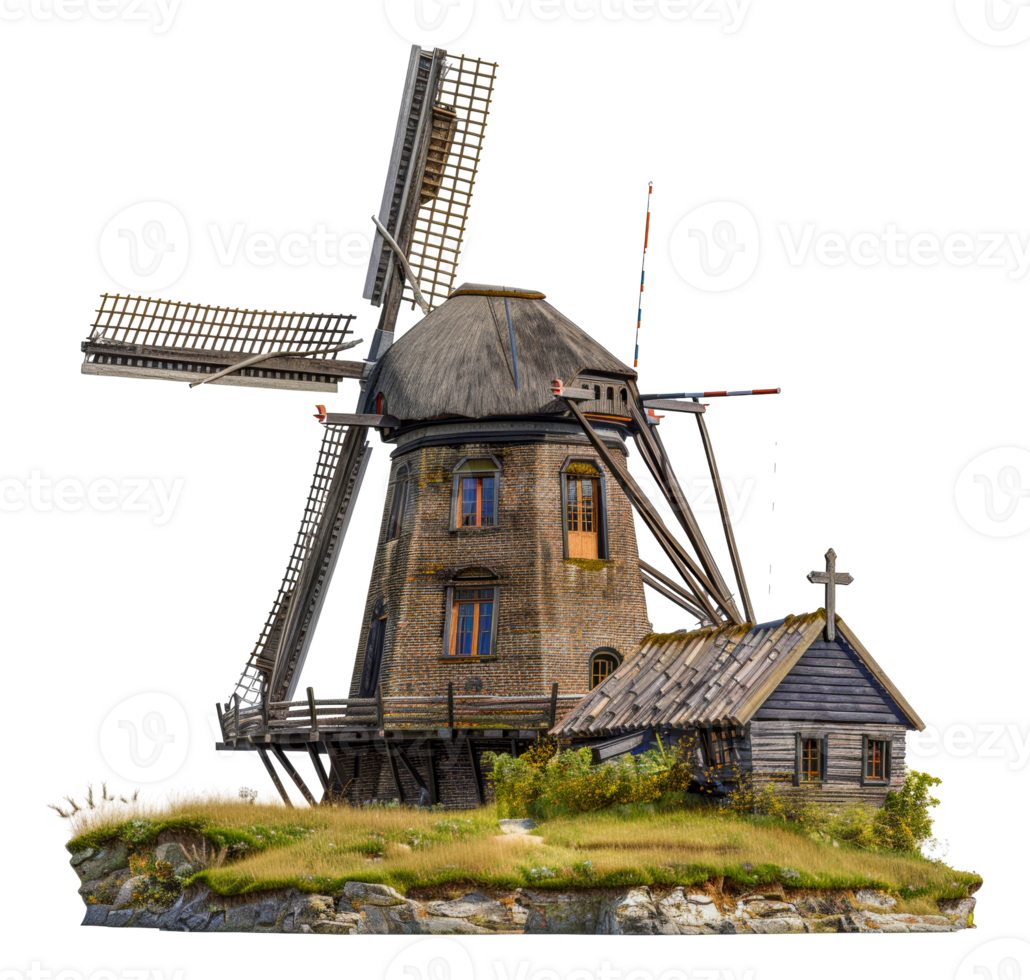 Traditional windmill with stone base, cut out - stock .. png