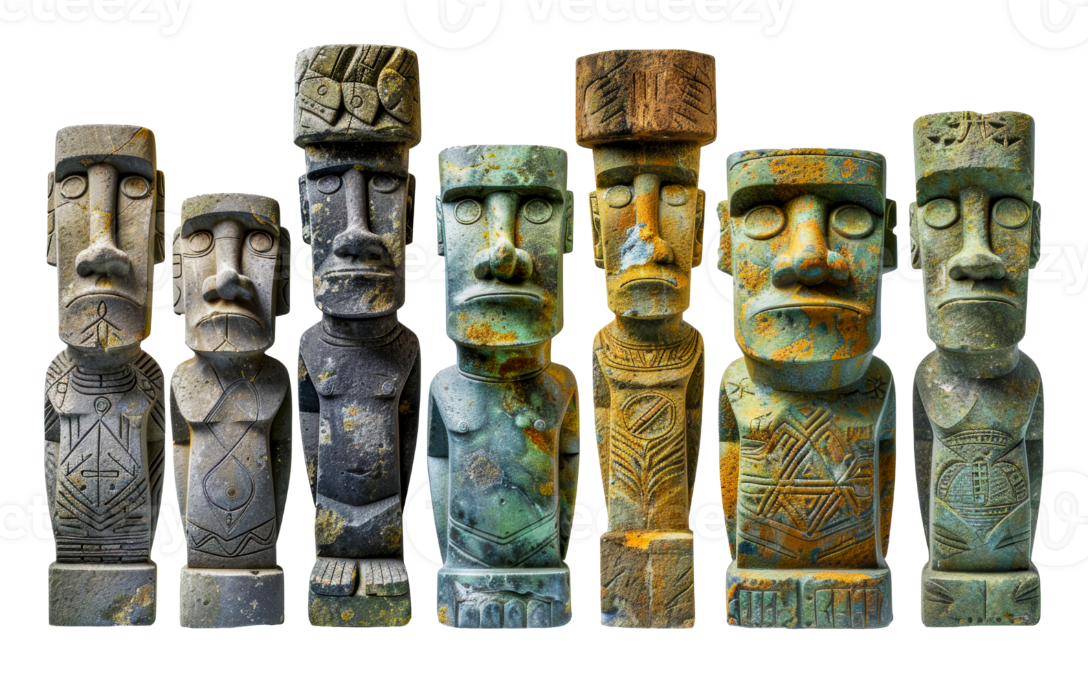 Colorful collection of Moai replicas, cut out - stock .. png