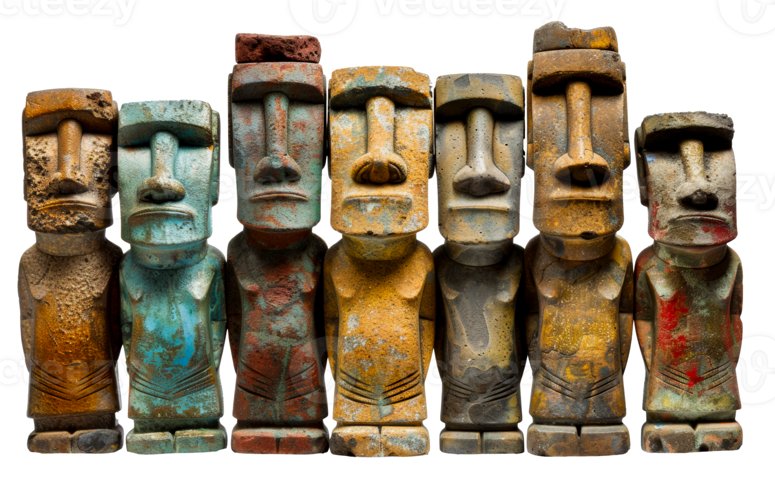 Colorful collection of Moai replicas, cut out - stock .. png