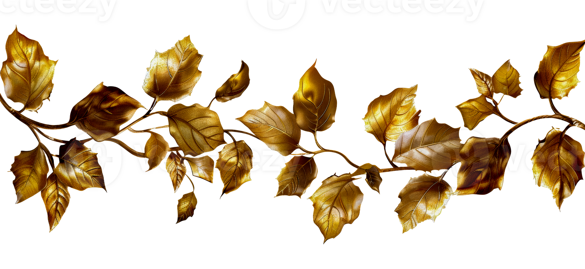 Metallic golden leaves adorning a dark branch, cut out - stock . png