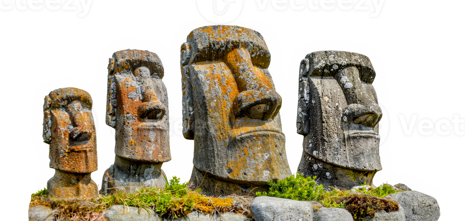Multiple Moai statues on a grassy field, cut out - stock .. png