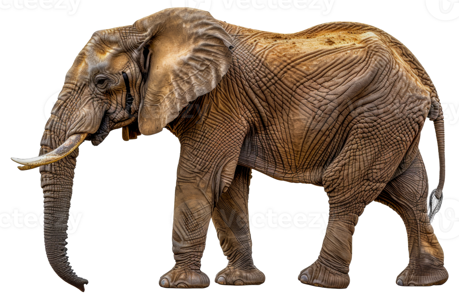 A large elephant with a long trunk and tusks walks across - stock .. png