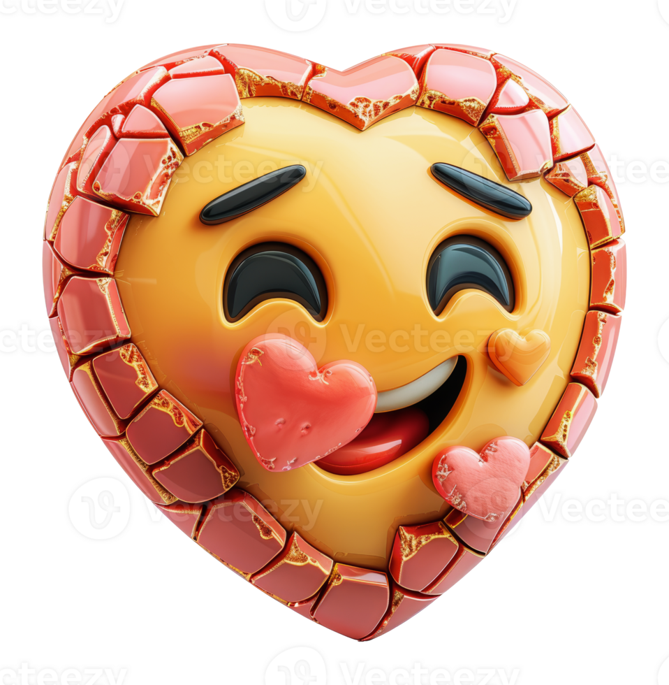 Heart-shaped emoji with smiling face and glossy texture, cut out - stock . png
