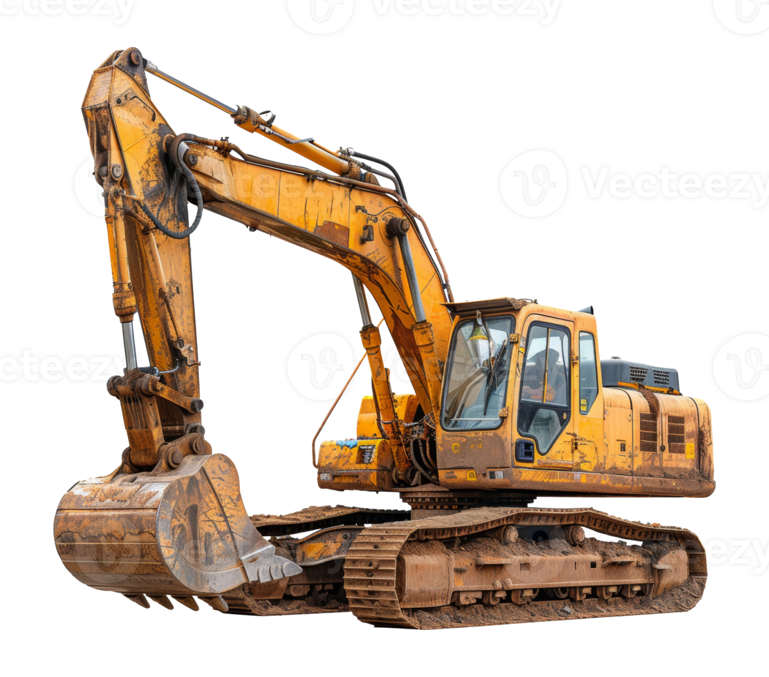 Yellow excavator on work site with dirt and mud, cut out - stock .. png