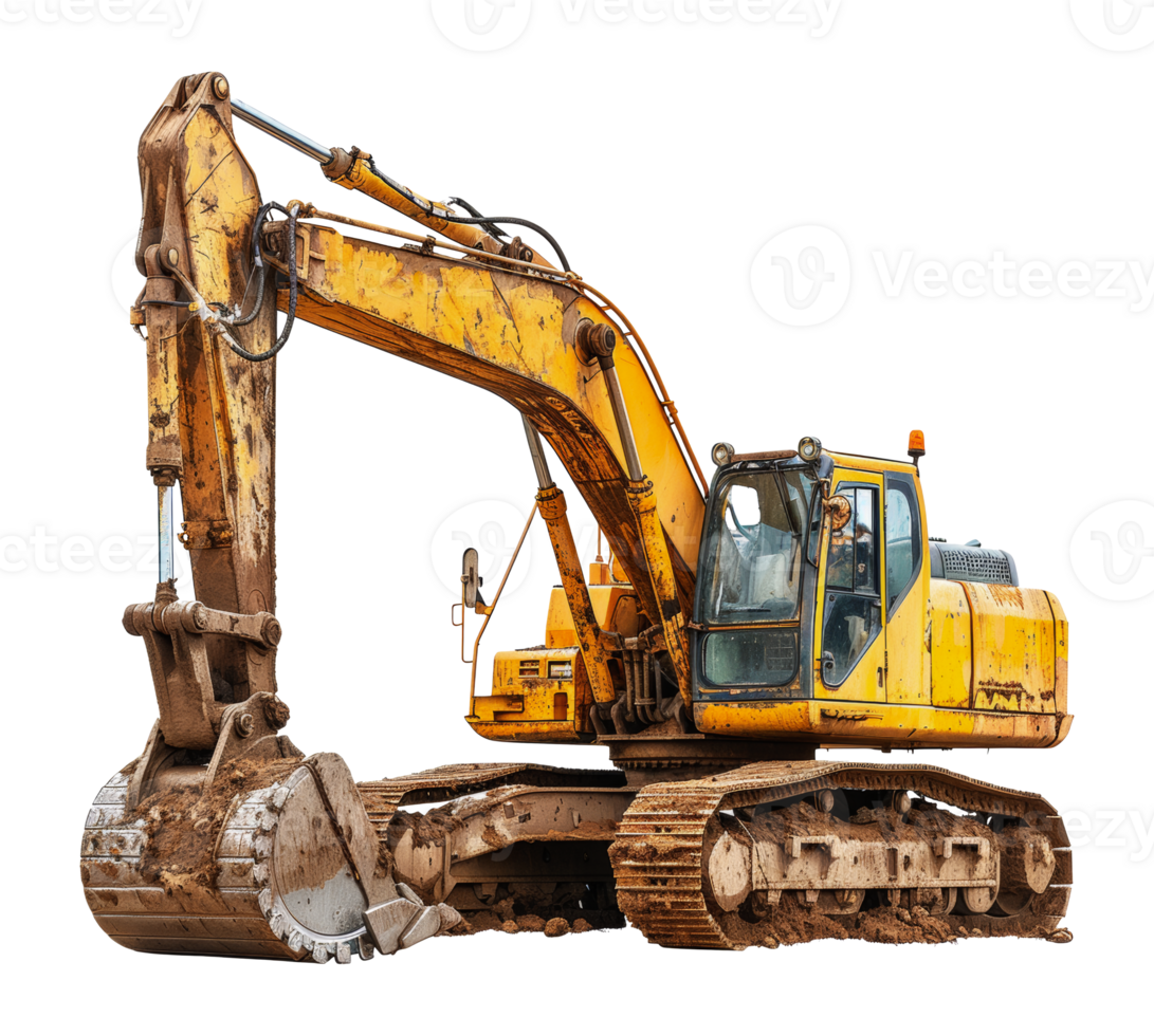 Yellow excavator on work site with dirt and mud, cut out - stock .. png
