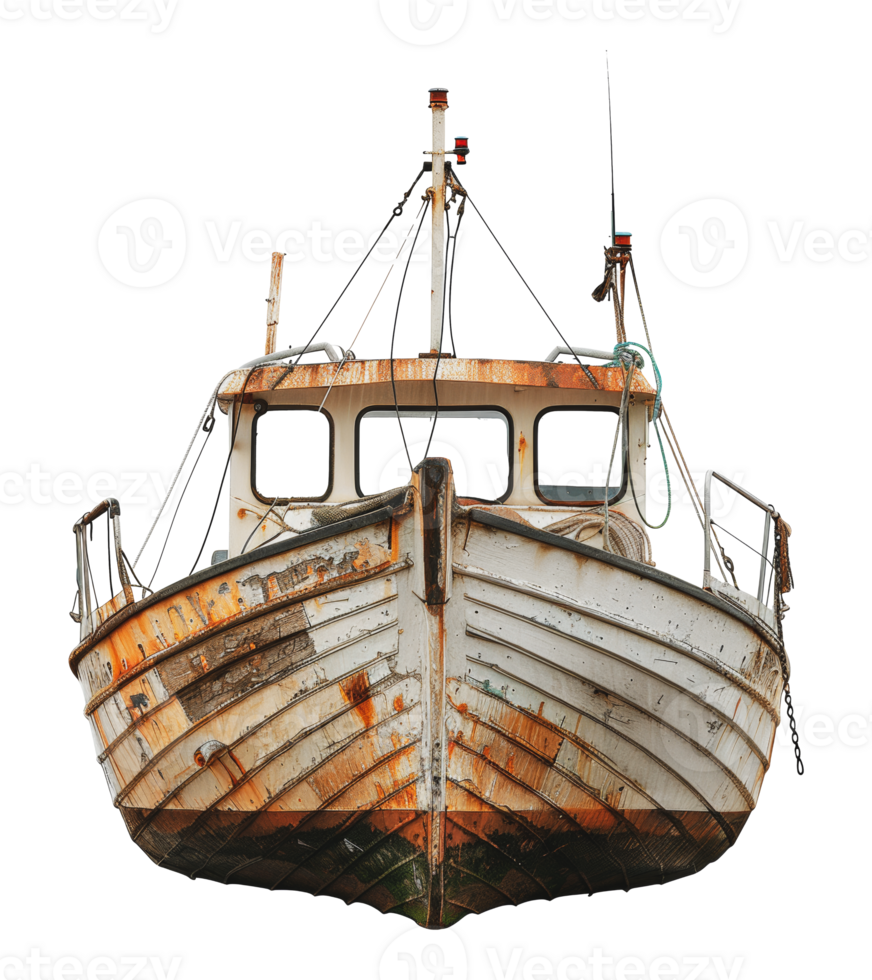 Old fishing boat with weathered paint and rustic look, cut out - stock .. png