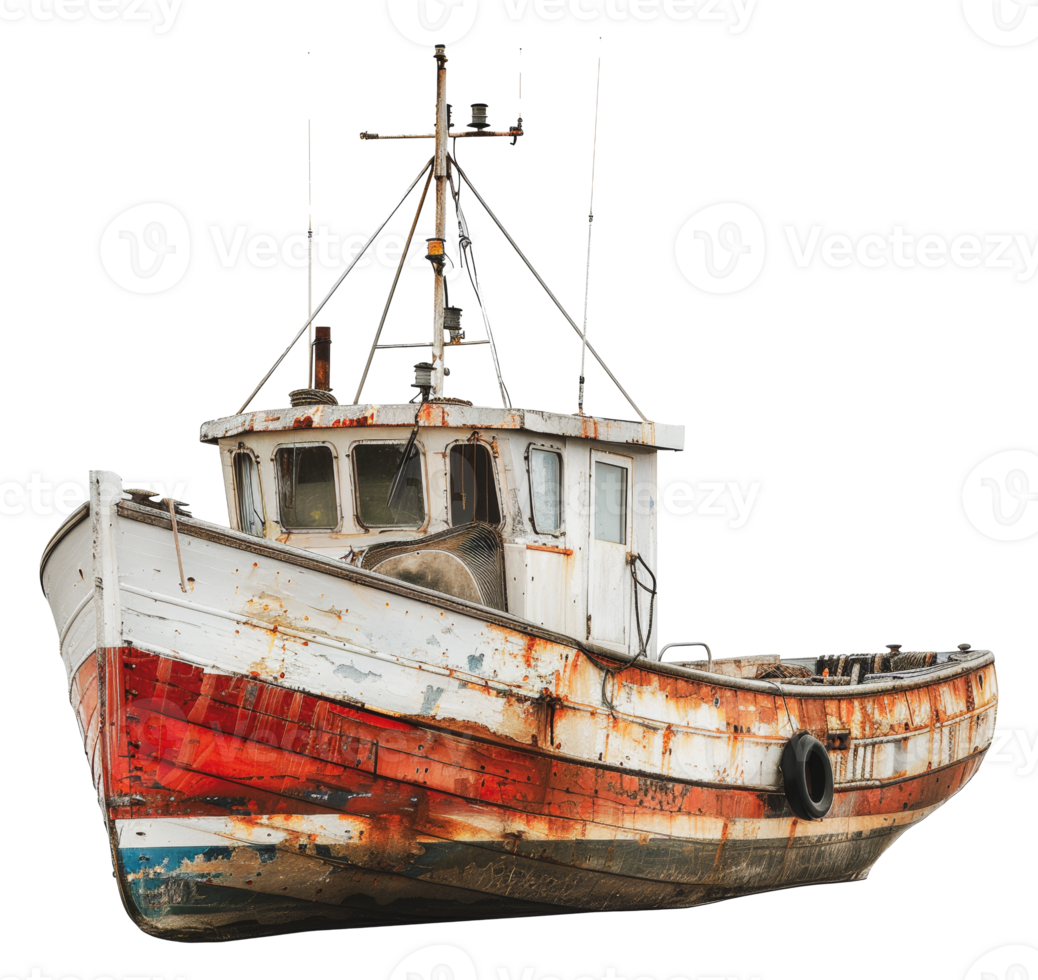 Old fishing boat with weathered paint and rustic look, cut out - stock .. png