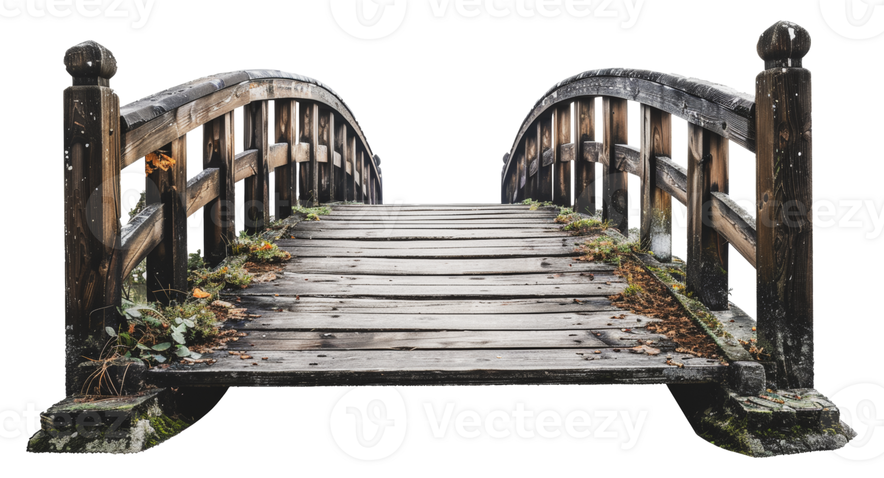 Rustic wooden bridge with arch design over a creek, cut out - stock .. png