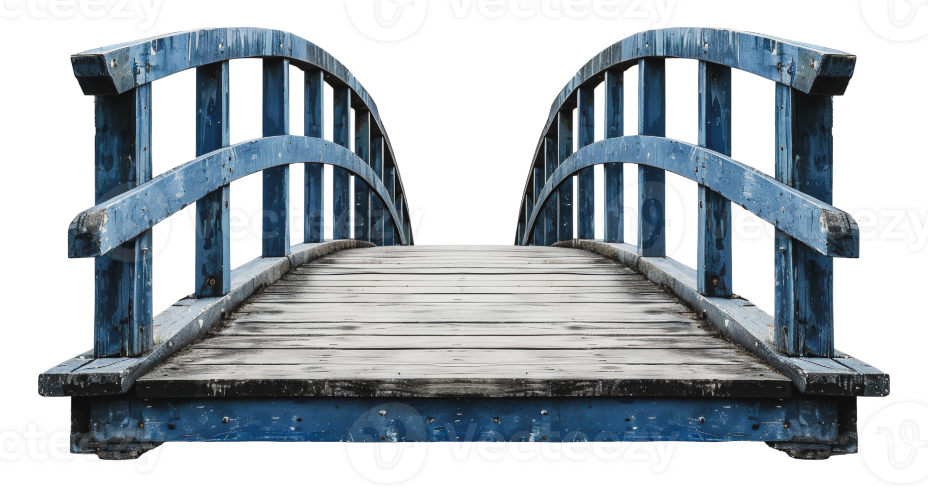 Weathered blue wooden bridge with arched structure, cut out - stock .. png