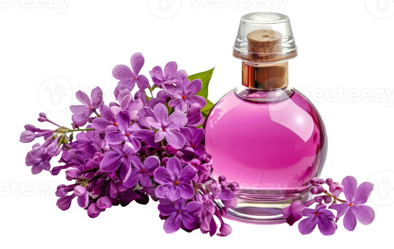 A bottle of perfume is next to purple flowers - stock .. png