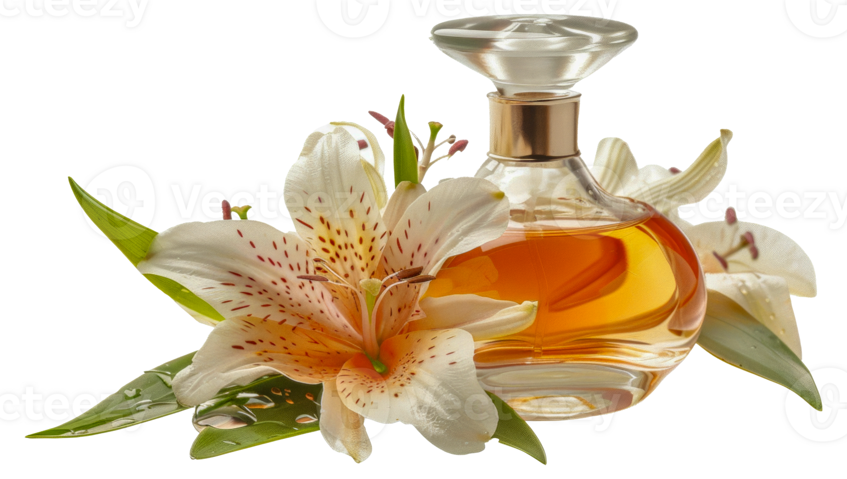 A bottle of perfume is placed on top of a bunch of flowers - stock .. png