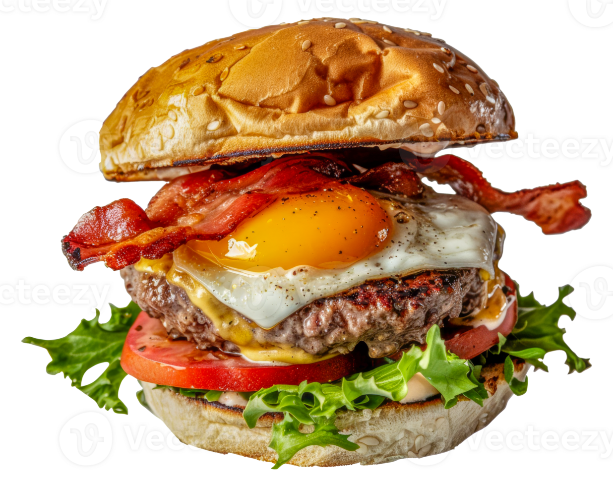 A large hamburger with bacon, egg, and cheese on top - stock .. png