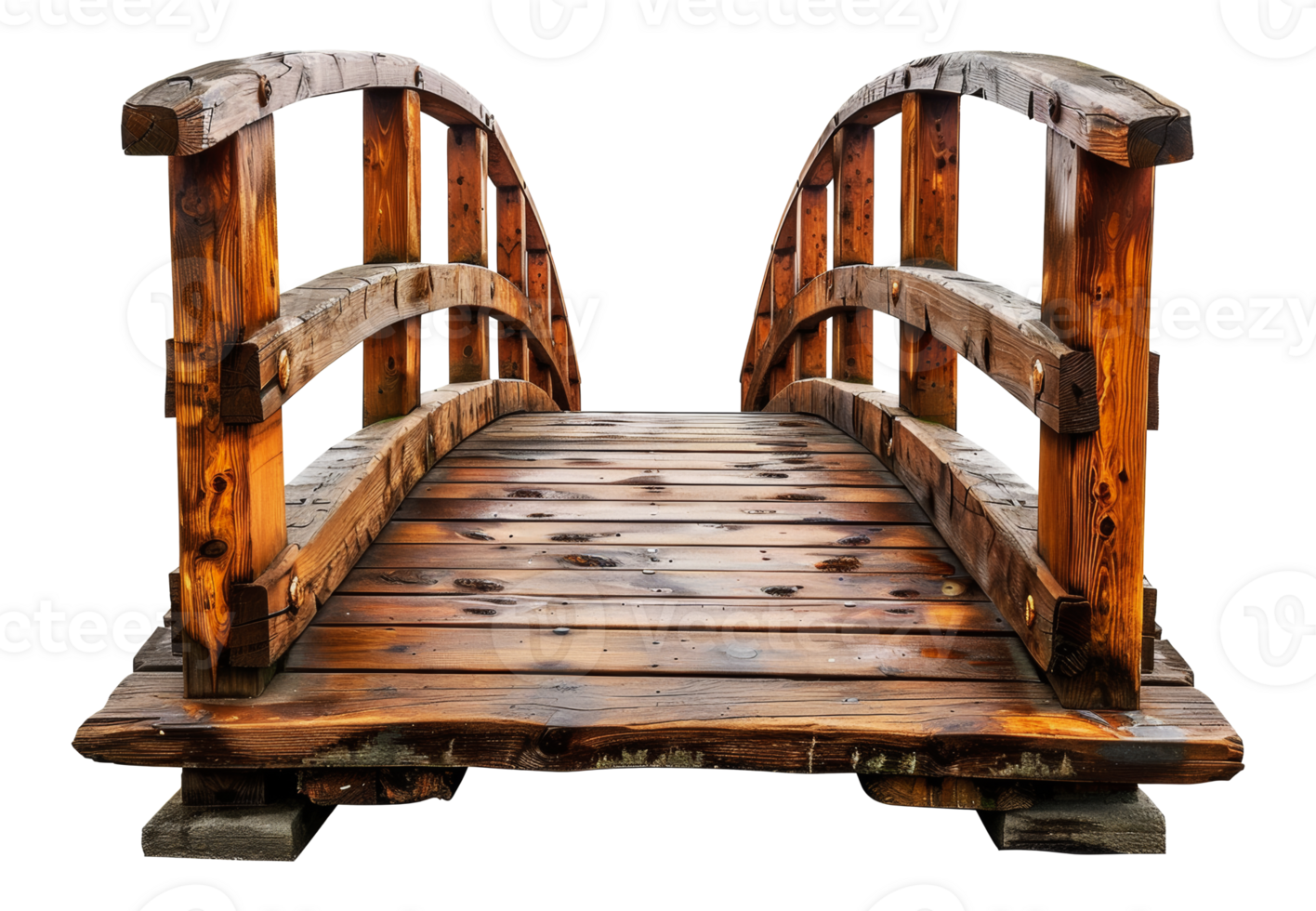Rustic wooden bridge with arch design over a creek, cut out - stock .. png