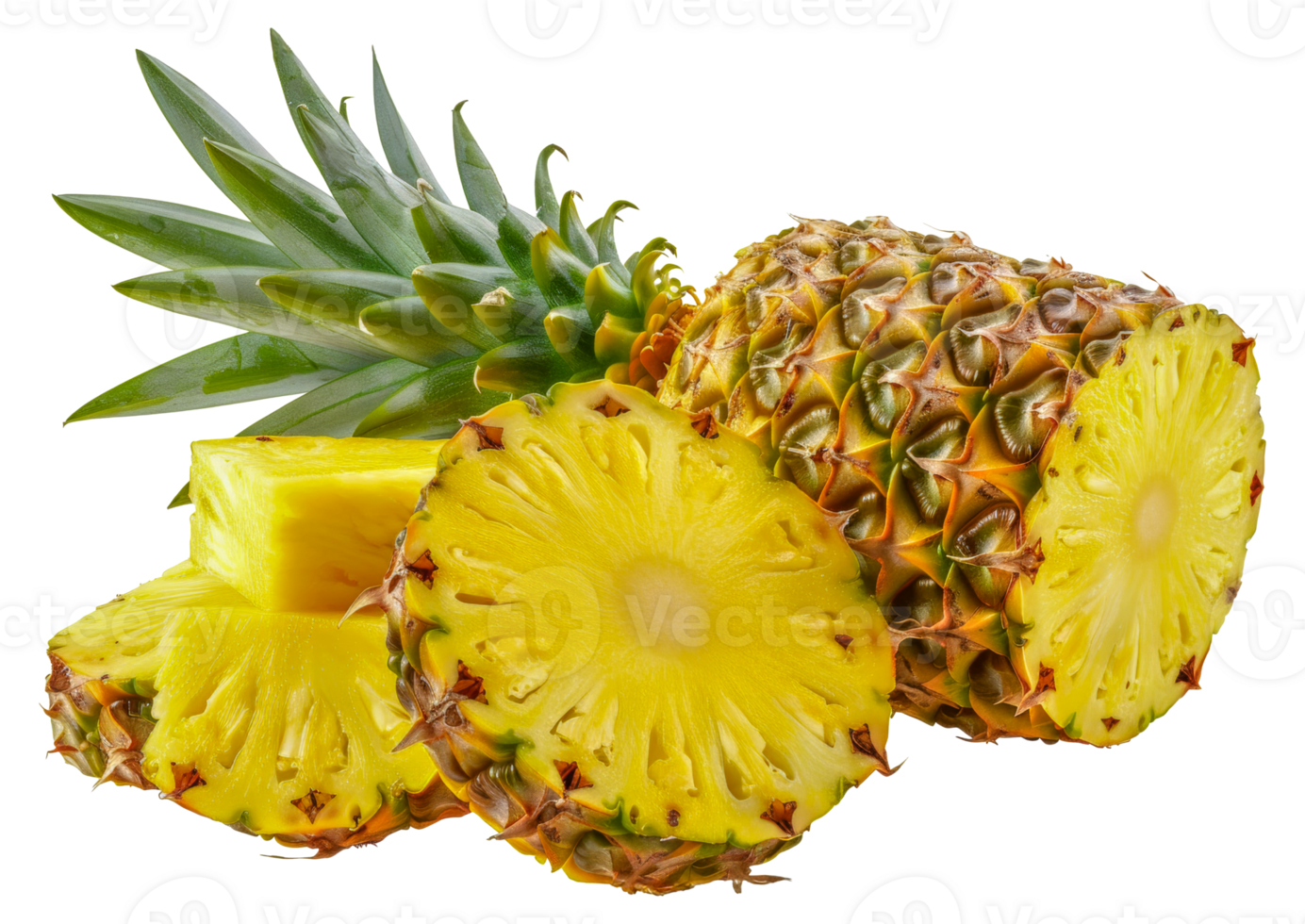 A pineapple is cut in half and has a green leaf on top - stock .. png