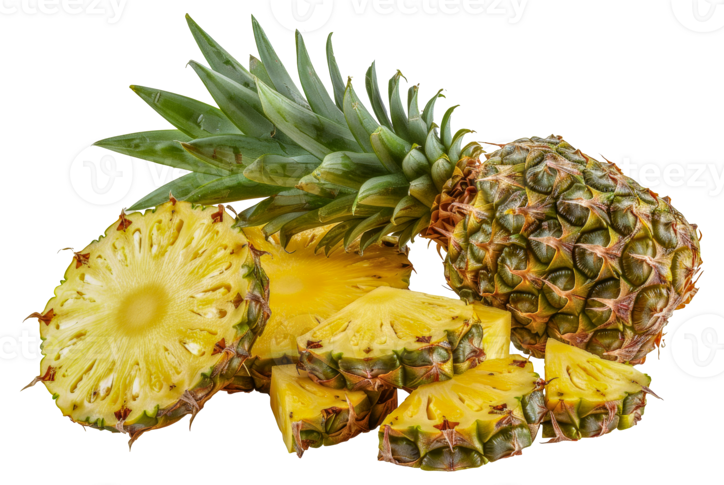 A pineapple is cut into slices and placed - stock .. png