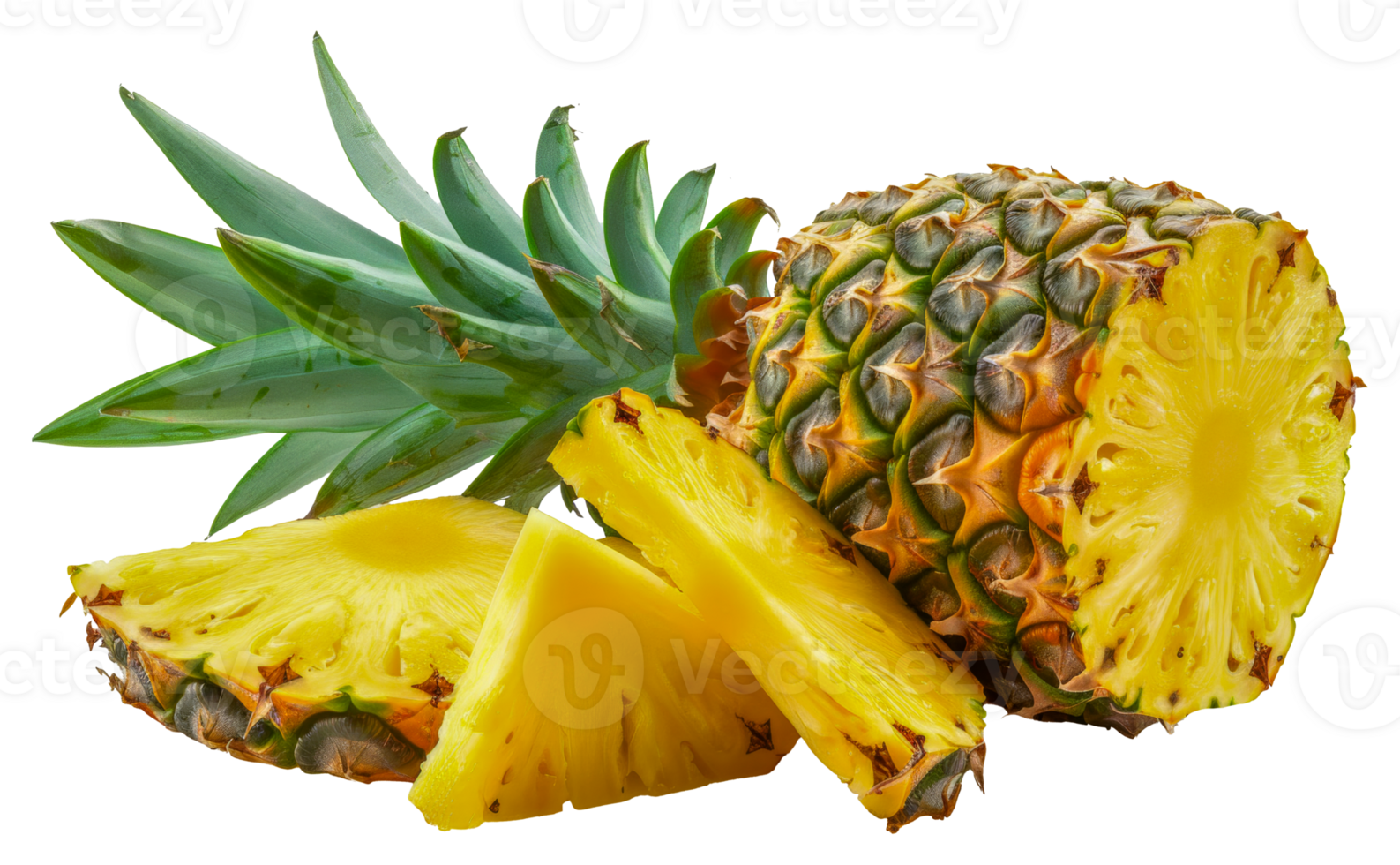 A pineapple is cut in half and has a few pieces of it - stock .. png