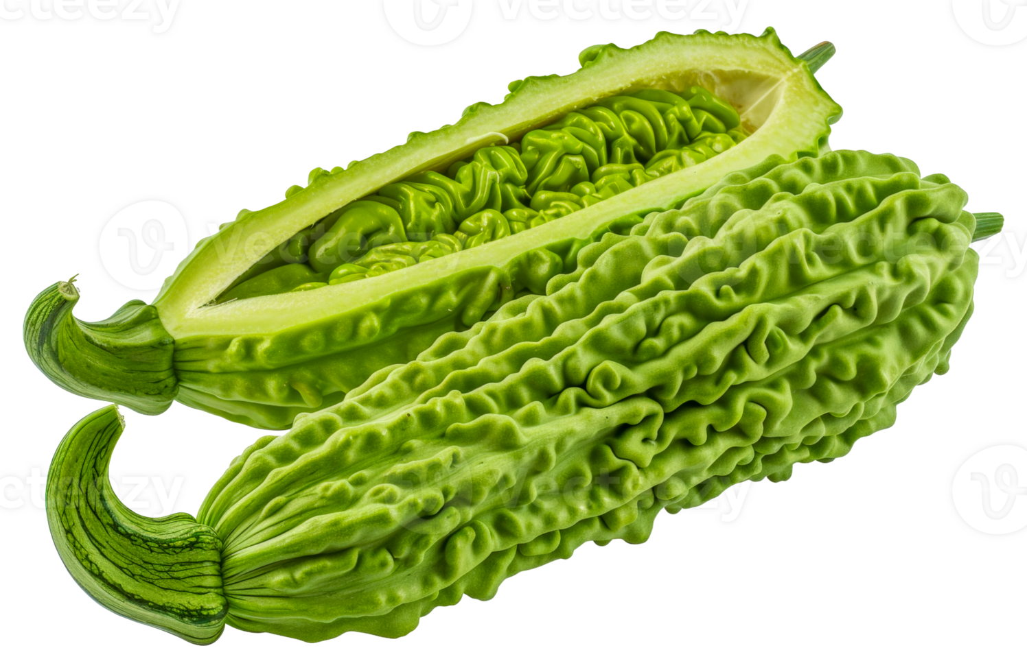 Two green cucumbers with one of them cut open - stock .. png