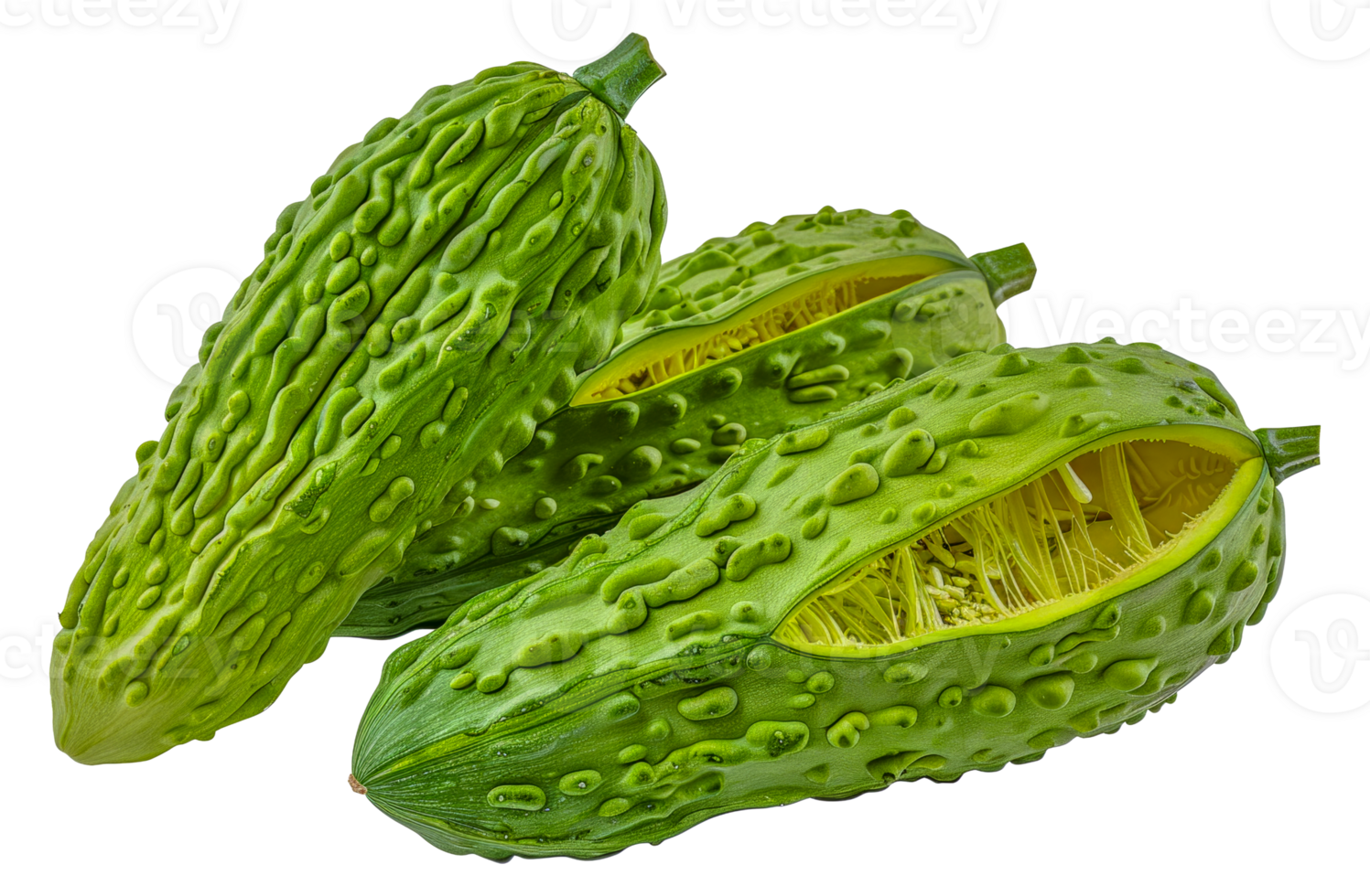 Three green cucumbers with one of them cut open - stock .. png